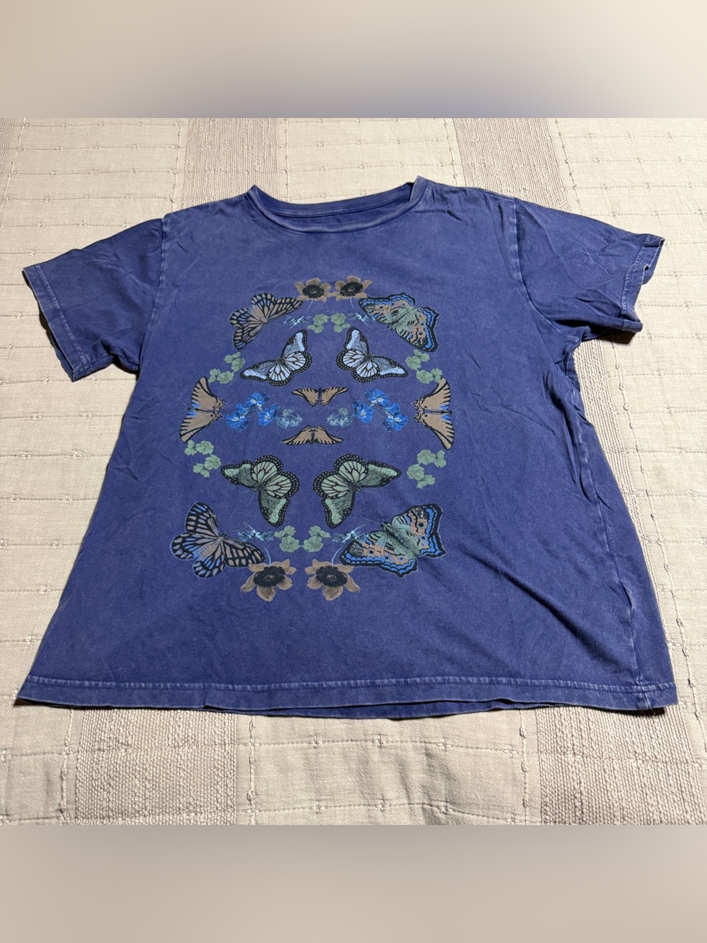 Lucky Brand Women's Washed Blue Butterfly Graphic Crew Neck Size Small